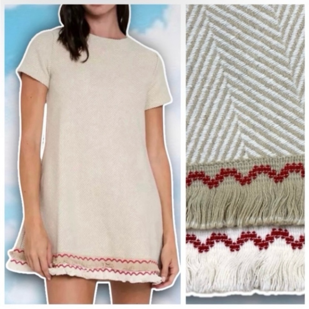NWT FREE THE ROSES Anthro Herringbone Tweed Fringe Hem A-Line Mini Dress Boho